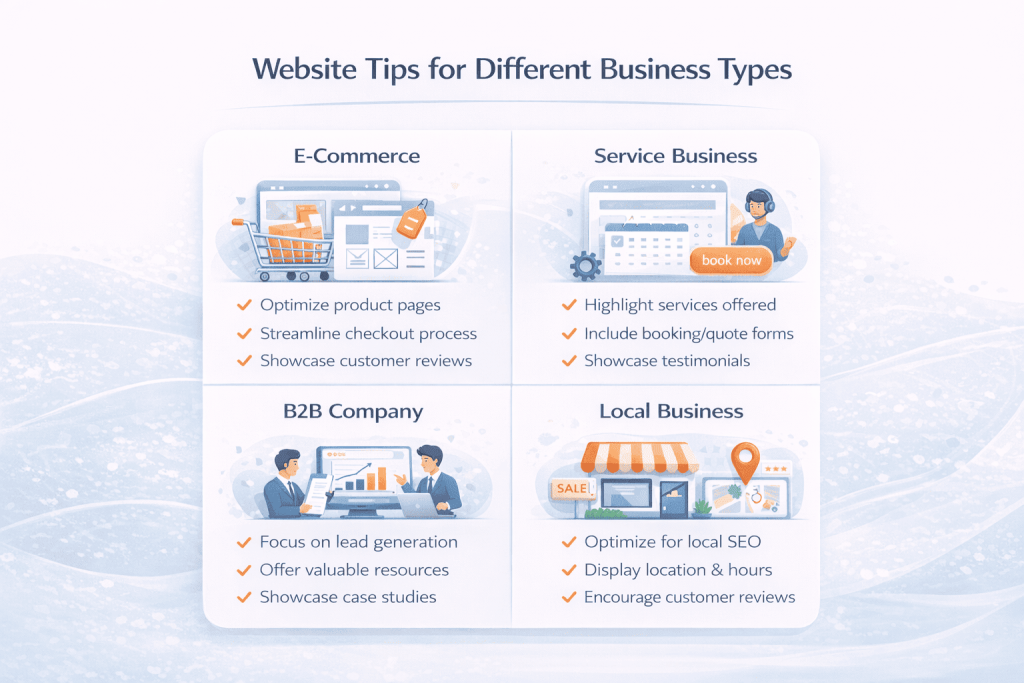 Website redesign services guide showing customization for e-commerce, service-based, B2B, and local service businesses