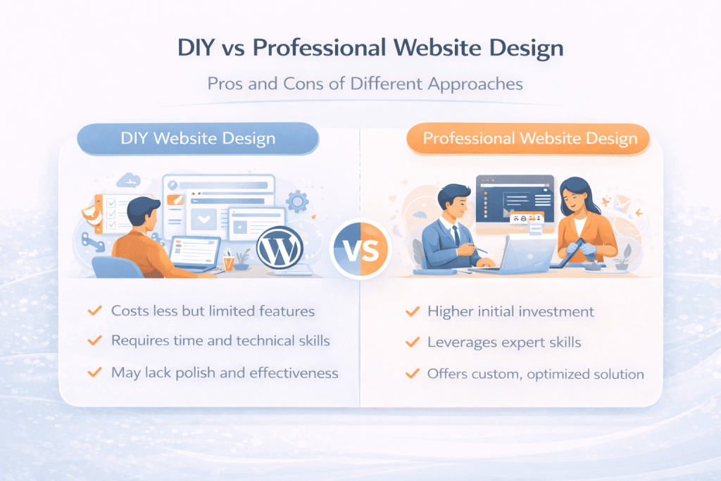 Comparison showing advantages of professional website redesign services versus DIY website builder approach