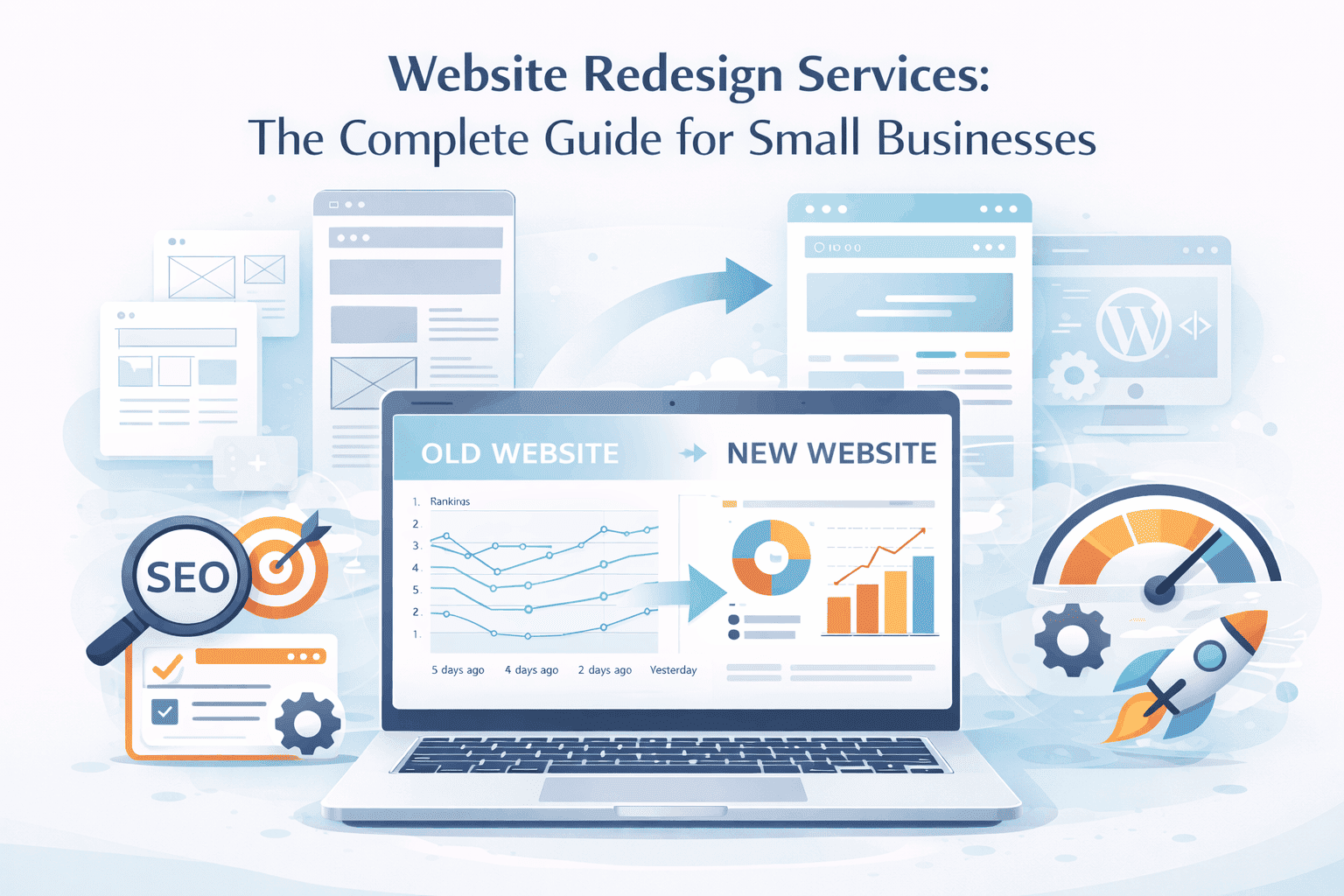 Small business owner reviewing website redesign mockups across multiple devices showing responsive design and modern layout